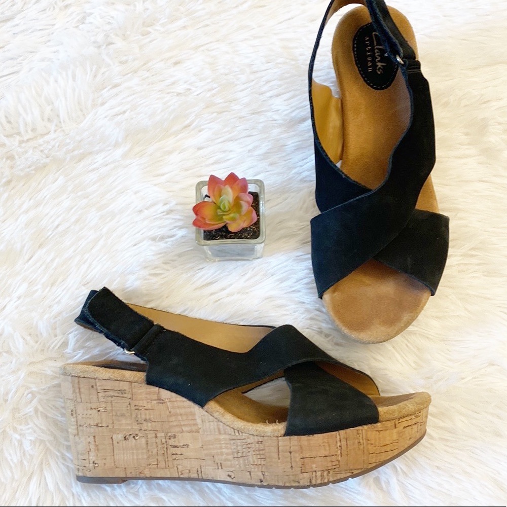 - CLARKS | Artisan Black Leather platform wedge cork sandals women’s 9.5 W